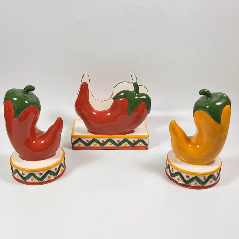 Vtg Chili Pepper Salt Pepper Shakers Napkin Holder Clay Art Ceramic Lot of 3
